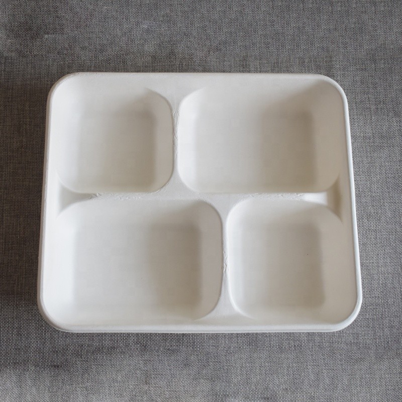 Biodegradable Compostable Sugarcane Bagasse Lunch Meat Food Packaging 4  Compartments Tray Paper Tray Food Container